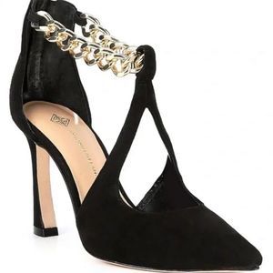 Antonio Melani Tiaa Black Suede Gold Chain Heels Size 5.5
